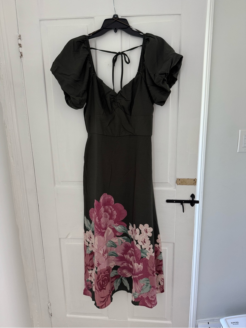 Francesca's Collections Olive Midi Dress with Pink Floral Border